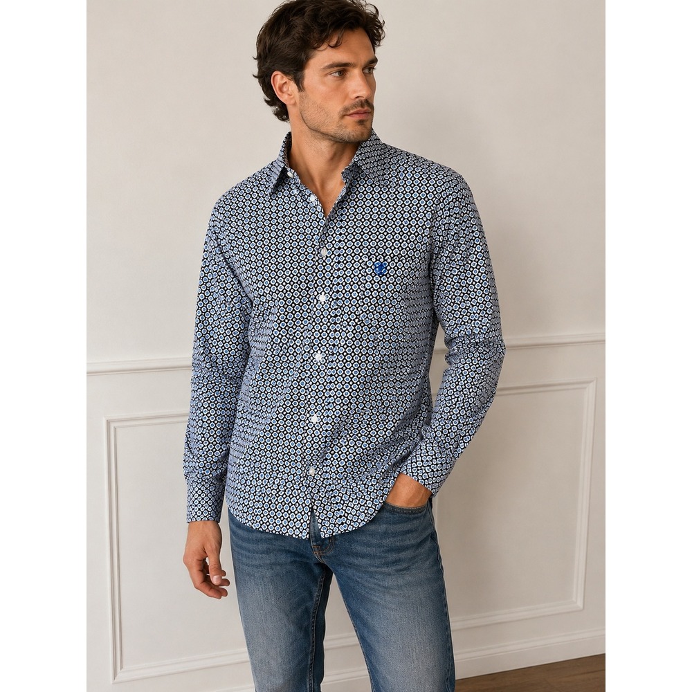 Ariat Mens Blue Geometric Tile Print Long Sleeve Button Down Western Shirt Large